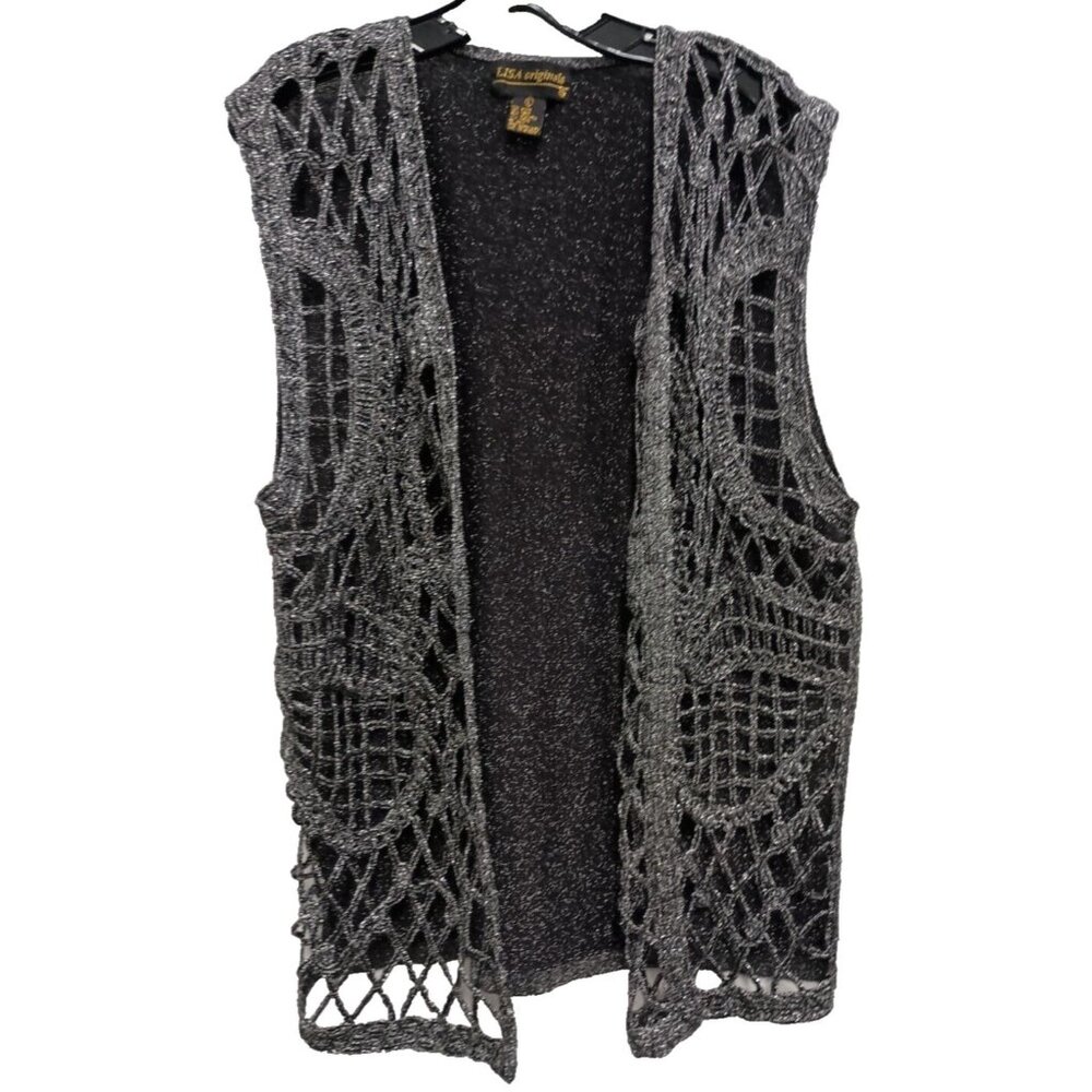 Lisa Originals Artsy Cardigan Womens Large Black Metallic Crochet‎ Sleeveless